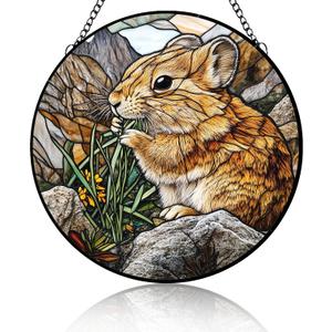 Stained Glass Window Hanging, Pika Eating Grass Suncatcher Diamond Glass Panel Hangings Scenery Sun Catchers Decor for Birthday Gift for Women, Men, Wife, Aunt, Mom and Bird Lover 6.3 inch