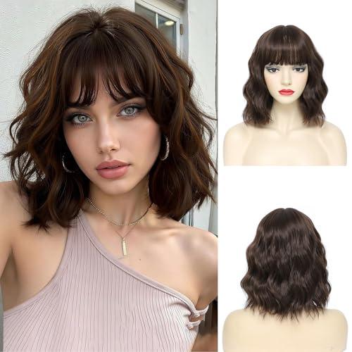 LUVEUNI Short Brown Wavy Wigs with Bangs Brown Bob Wig for Women 12 Inch Wig Synthetic Fiber Hair Wigs Natural Looking for Daily Use