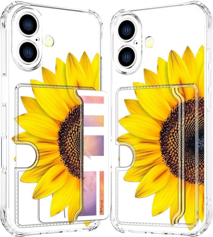 Compatible with iPhone 17 Case Card Holder for Women Cute Design,Wallet Phone Cases Transparent Cool Kawaii Protective (Clear Sunflower Sun Flower)