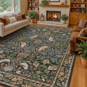 Vintage Green Rug for Extra Large Bedroom - Washable 10x12 Area Rug for Living Room, Dining Room Under Table, Boho Bird Decor, Soft Low Pile Non-Slip & Stain Resistance Brown Accent Carpet