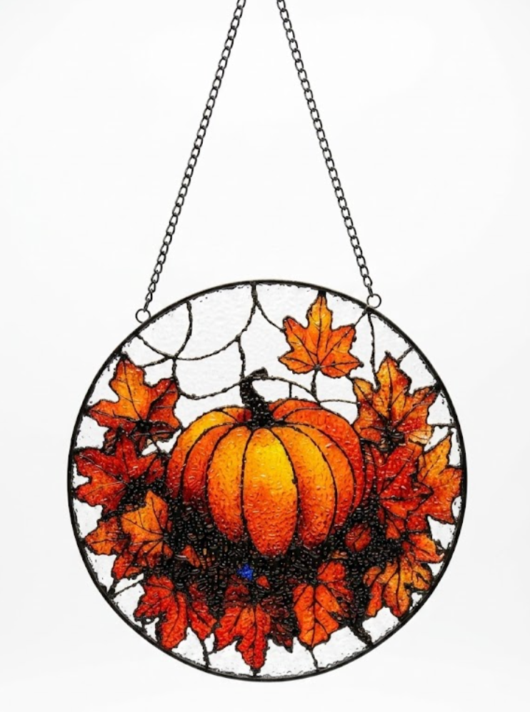Stained Glass Pumpkin Halloween Window Hanging, Fall Sun Catcher for Autumn Decor, Spooky Pumpkin Suncatchers for Cozy Homes, Cute Pumpkin Wall Hanging SUncatchers for Seasonal Decor (11.8")