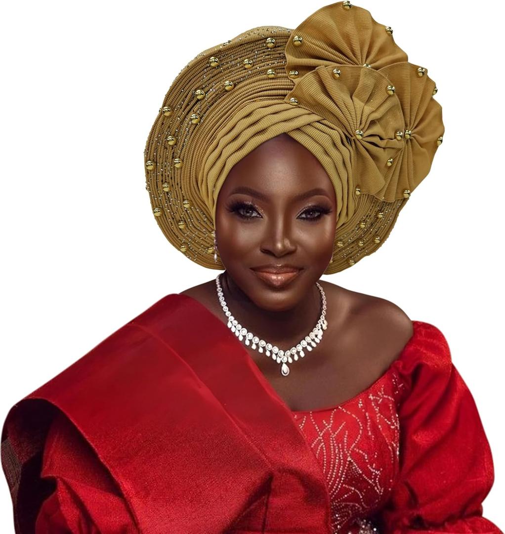 African Headpiece of Nigeria ASO Oke Headwraps Hat Turban Wedding Party Handmade Elegant Hair Wear Cap for Women (One Size-Large, Golden)