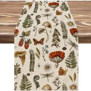 Mushroom Table Runner Vintage Forest Plants Mushroom Table Cover for Kitchen Dining Indoor Outdoor Party Decor, 13 x 72 Inch