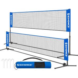 SONGMICS 13 ft Badminton Net, Height Adjustable Volleyball Net, Pickleball Net with Poles, Foldable Nylon Net for Tennis Indoor Outdoor Court, Blue Black