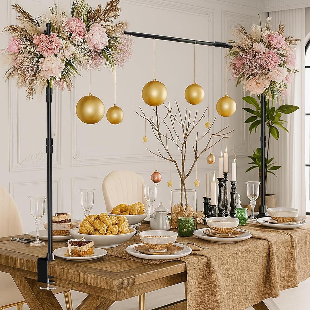 EMART Telescopic Over The Table Top Rod Stand with Clamps 70'' Tall 94" Length Adjustable Overhead Decor Arch Bar, Tabletop Decoration Pole for Hanging Balloon Flower Garland Display Banner Backdroop
