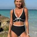 ZAFUL Womens High Waisted Bikini Sets Sexy V Neck Two Piece Swimsuit Cute Bow Ruched Bathing Suit (Black, L)