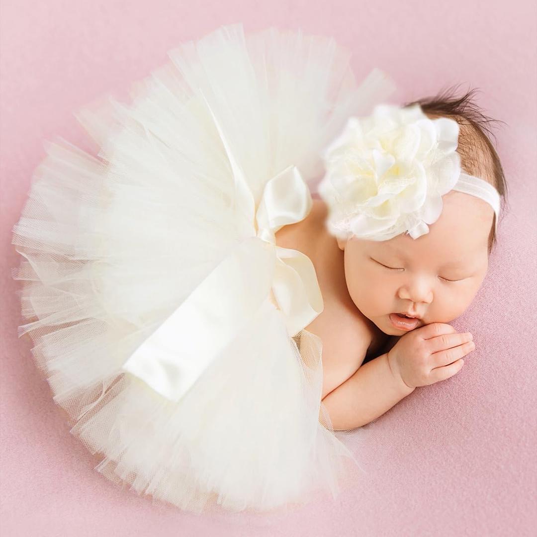 Ylsteed Newborn Girls Photography Prop Infant Tutu Skirt Newborn Lace Tulle Skirt Girl Photo Shoot Outfits Infant Princess Costume Clothes Photo Props-Beige