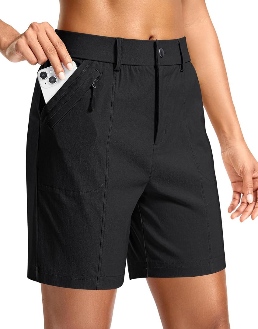 SANTINY Women's 7" Hiking Golf Shorts Quick Dry Stretch Casual Work Shorts with Pockets for Women Walking Travel Summer (X-Large, Black)