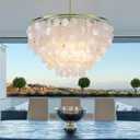 Wellmet Capiz Shell Chandelier, 6 Lights Gold Coastal Chandeliers for Dining Room, Modern Pendant Lighting Fixtures with Seashell Shade for Bedroom Living Room Hallway Foyer, W-23.62