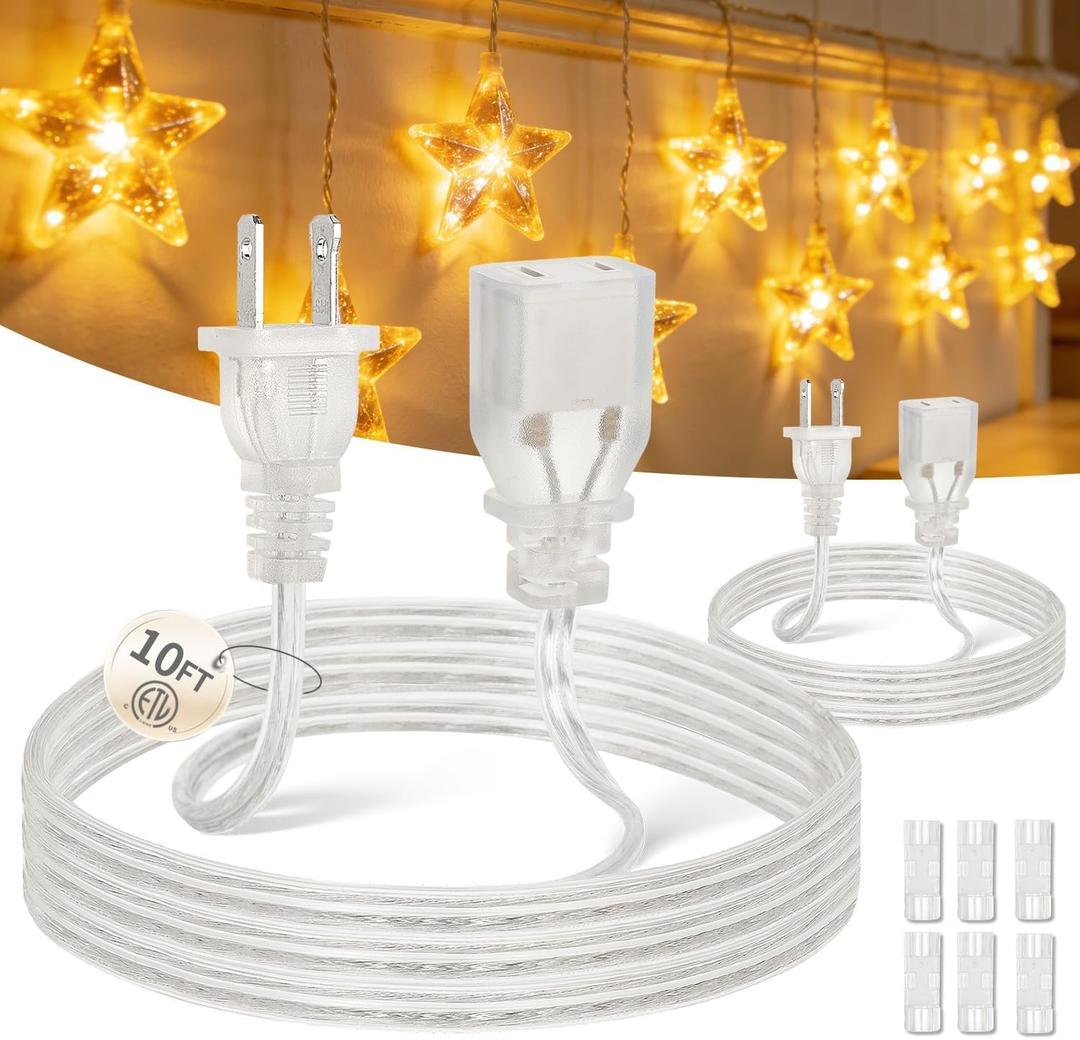 2 Pack Clear Extension Cord 10 FT, Invisible Extension Cords Indoor Thin 2 Prong Male to Female, UL-Certified Power Cable for String/Fairy Lights & Small Appliances, 2x18 AWG 125V 7A