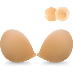 Wingslove Adhesive Bra Reusable Strapless Self Silicone Push-up Invisible Sticky Bras for Backless Dress (Bare Nude+covers)
