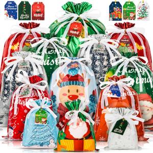 Eunhdet 28Pcs Drawstring Christmas Gift Bags Assorted Sizes with Tags, 10 Design Xmas Wrapping Bags with Drawstring Small Medium Large Holiday Christmas Gifts for Grandkids Decorations, Treat, Goodies, Party (Multi)