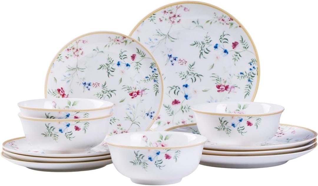 Floral Dinnerware Set for 4, 12-Piece Porcelain Plates and Bowls, Gold Rim
