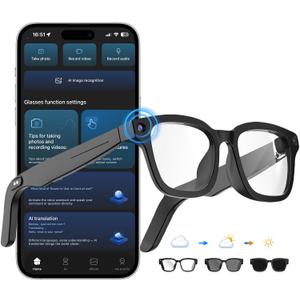 AI Smart Glasses with ChatGPT, 8MP Camera Glasses with Camera and Audio, AI Translation Sunglasses with 164 Languages, Bluetooth Sunglasses with Voice/Calling, 8-Hour Music, Photochromic Lens (Transitions Clear to Graphite Black)