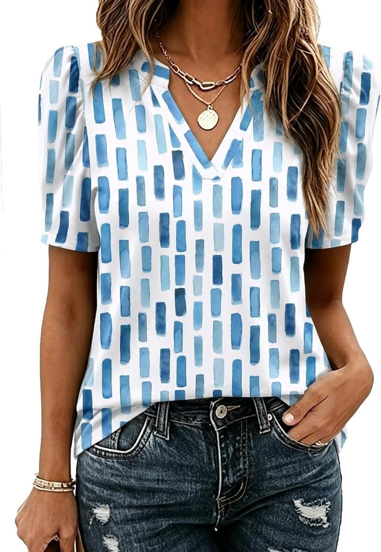 Zeagoo Women Blouses Puff Short Sleeve Tops V Neck Dressy Casual Spring Shirts Boho Floral Cute Clothes 2026 (Blue, S)