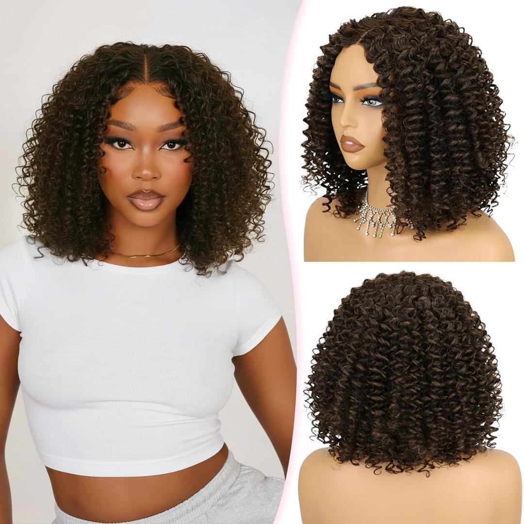 Brown Curly Wigs for Black Woman Glueless Synthetic Lace Front Wig with Pre Cut HD Lace Hairline 12 Inch Beginner Friendly Bob Wig Easy to Wear and Go for Daily Use
