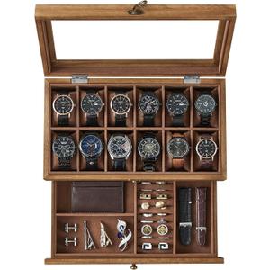 SONGMICS 12-Slot Watch Box, 2-Tier Watch Display Case with Large Glass Lid, Removable Pillows, Velvet Lining, Jewelry Box, Gift Idea, Rustic Walnut UJOW012K01