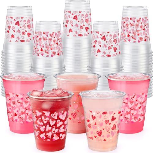 Qinyoung 100 Pcs Valentine's Day Plastic Cups 12 oz Clear Disposable Pink Red Heart Love Cup for Valentines Wedding Anniversary Birthday Beverage Coffee Juice Drinks Snacks Party Supplies