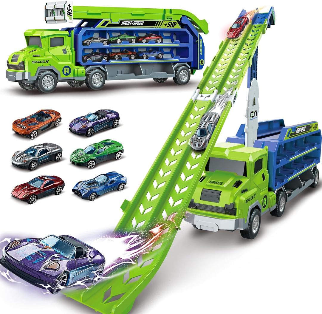 Toddler Car Truck Toys,Car Carrier Truck Toys for Kids Age 3-5 4-8,Foldable Car Track Sets with 2.8-Ft Race Track and 6 Die-Cast Race Cars, Truck Toys Gifts for 3 4 5 6 7 8+ Year Old Boys Girls(Green)
