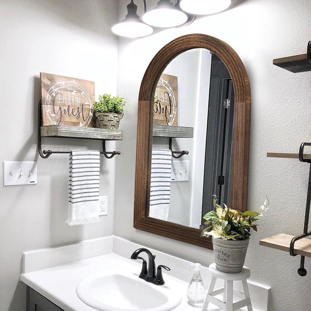 LOSOUR Arched Mirror, Farmhouse Decor Solid Wood Frame Wall Mirror, Bathroom Mirrors, Large Vintage Mirror for Bathroom, Living Room,Bedroom, Entryway, Hallway,Foyer (Coffee, 36" L x 24" W)