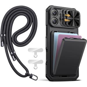 SSLOTSCASE for iPhone 17 Pro Case with Phone Lanyard Crossbody (2X Phone Tabs), Card Holder & Kickstand & Slide Camera Lens Cover & Camera Stand, Rugged Durable Case Cover for iPhone 17 Pro 5G, Black