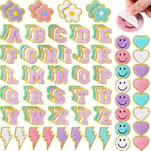 Hanaive 136 Pcs Chenille Iron on Patches for Clothing Letter Self Adhesive Chenille Patches Cute Rainbow Smile Face Love Heart for Jeans Embroidered Applique(Cute Style,Pastel Color)