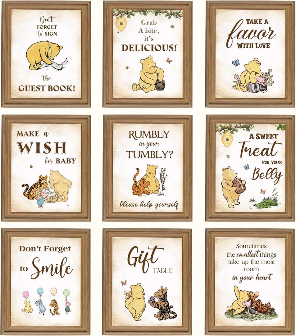 97 Decor Classic Pooh Bear Baby Shower Decorations - 9 Winnie Table Signs Decor, Vintage Pooh Quotes Winnie Party Supplies, Baby Welcome Sign For Birthday Parties, Gender Reveal, Table Centerpieces