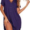 Ekouaer Women Button Down Nightgown V Neck Night Gowns Sleepshirts Short Sleep Shirts (Medium, Purple)