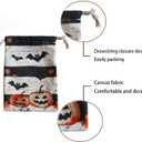 Halloween Bag 2 Pieces Printed Storage Drawstring Canvas Bag Halloween Theme Pumpkin Bat (Beige)