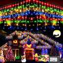 KNONEW Christmas Lights Outdoor Decorations 400 LED 33ft 8 Modes Curtain Fairy String Light with 75 Drops, Clear Wire LED String Light for Wedding Party Holiday Christmas Decorations Multicolor