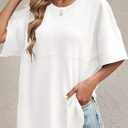 Tankaneo Womens Oversized Crewneck Shirts Short Sleeve Off The Shoulders Tops Curved Hem Tshirt (L)