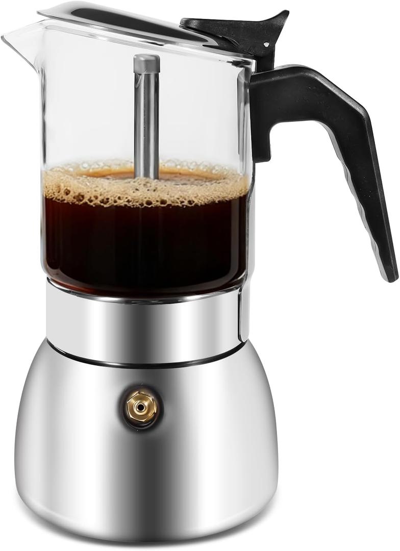 Stovetop Espresso Moka Pot, Crystal Glass-Top & Stainless Steel Italian Coffee maker, 300ml(6cup) (silver)