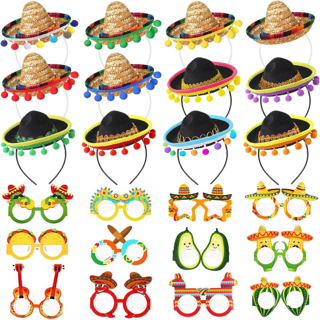 Syhood 24 Pcs Fiesta Party Supplies Cinco De Mayo Sombrero Headband Hats Eyeglasses for Mexican Theme Decoration Accessories