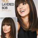 FANCEE Highlight Layered Wigs with Bangs 14 Inch Short Mixed Brown Glueless Ready-to-Go Straight Synthetic Bob Wigs for Women Realistic Scalp Daily Cosplay Use