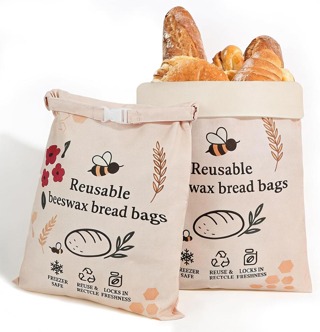 2 Pack XL Reusable Beeswax Bread Bags for Sourdough Baking, Organic Waxed Lined, Cotton Bread Bags for Homemade Bread, Food-Storage Bag to Keep Fresh
