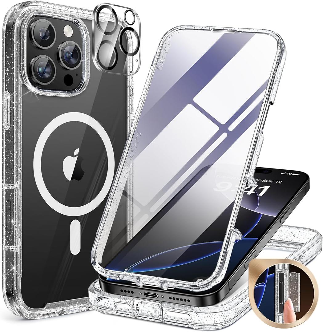 Miracase for iPhone 16 Pro Max Case 6.9'', [Bubble Free] Full-Body Bumper Phone case with Built-in Full Glass Screen &Lens Protector, Compatible with MagSafe, Drop Proof 16 Pro Max Cover, Clear Glitter