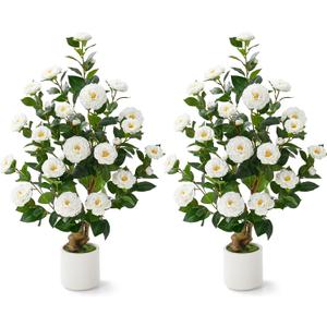 2 Pcs Artificial Camellia Tree, 38" Artificial Tree Plants Outdoor Faux Plants in Pot, Artificial Flower for Outdoors Front Porch Decor, Greenery Faux Fake Tree Plant for Indoor Outdoor Home Decor (White)