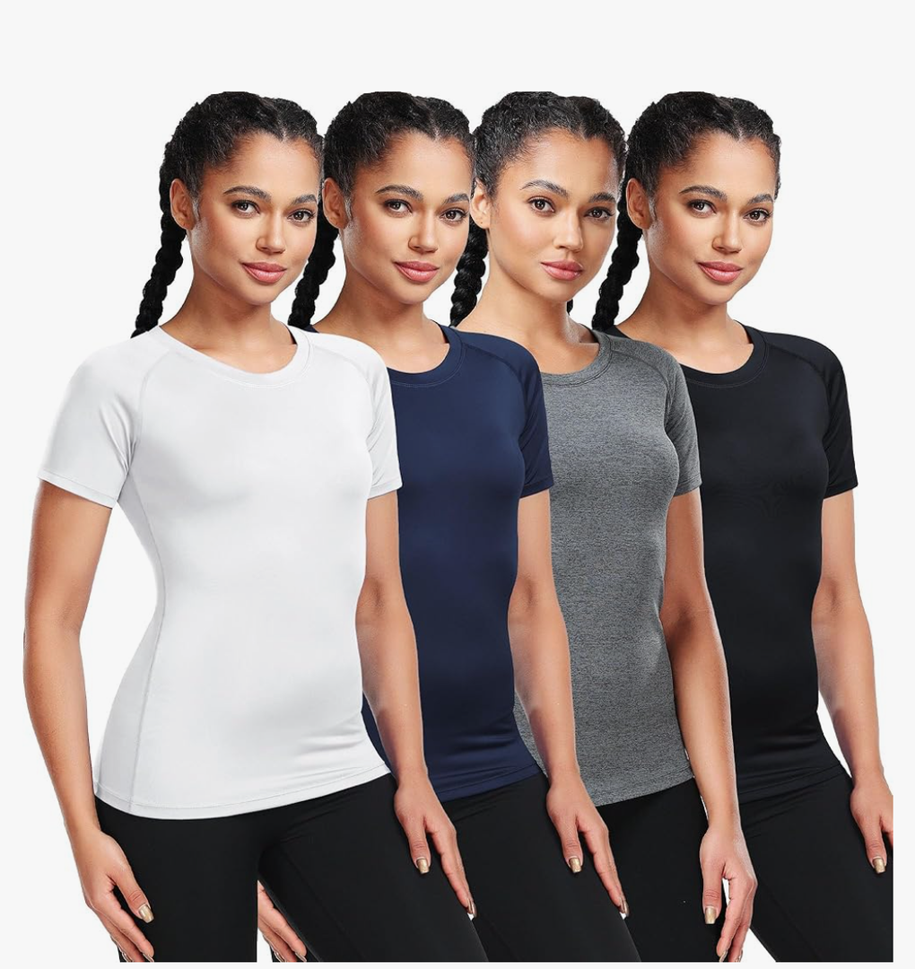 CADMUS 3/4/5 Pack Women's Compression Shirt Running Athletic T-Shirts Workout Tops Baselayer Short Sleeve Yoga Gym Sports. Size M