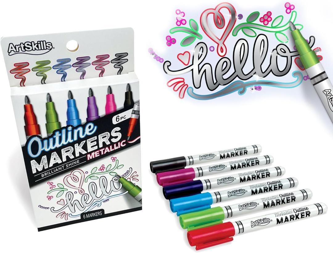 ArtSkills Metallic Markers with Color Outline, Permanent Metallic Outline Shimmer Markers, 6 pc