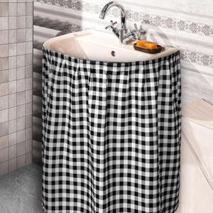 Fabric Sink Skirt Diamond Bathroom Stitch Self Stick Adhesive Waterproof Fabric Under Sink Curtain Skirt 55 x 32 Inch Adds Bathroom Storage(Black and White,Classic Style)