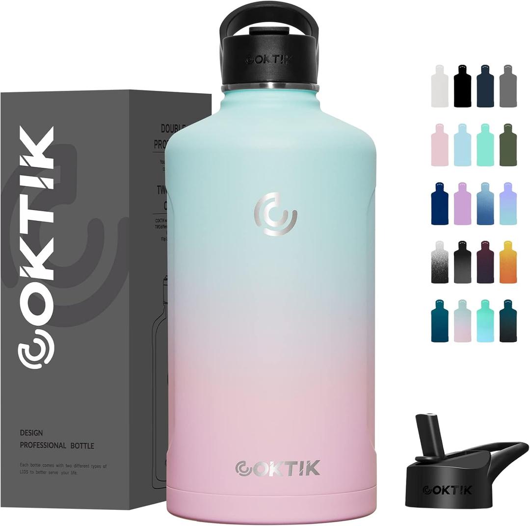 COKTIK 128 oz/One Gallon Water Bottle Insulated, Double Walled Vacumm Metal Stainless Steel Sports Water Bottle with Reusable 2 Lids for Sports, Gym, Fitness or Office(Bubble Gum)