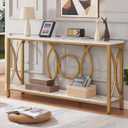 HOMISSUE Sofa Console Table, Modern Gold Console Table with Faux Marbled Tabletop, Engineered Wood Entryway Tables with 2 Tier Storage, Narrow Sofa Table for Living Room, Hallway (55 Inch, White&Gold)