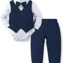 DISAUR Baby Boy Clothes Toddler Boy Outfits 4PCS Gentleman Dress Romper/Vest/Pants/Bow Tie Cotton Suit Sets (6-9 Months, Navy Blue)