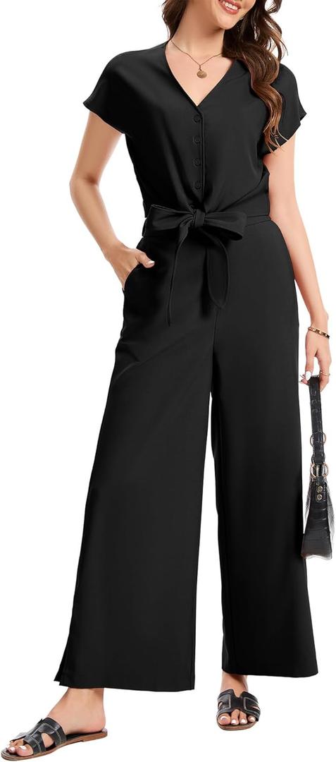 Dressystar Women's Summer 2 Piece Outfits Casual V Neck Crop Tops Wide Leg Pants Set Cap Sleeve Tracksuit Lounge Travel Sets (Black, S)