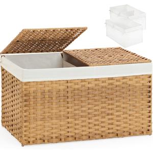 Storage Basket with Lid Rattan Woven Storage Baskets with 2 Separate Lids, 17.2 Gallon (65 L), 22 x 13 x 13.8 Inches,Foldable, 2 Removable Liner Bags Handles for Bedroom, Laundry Room Natural