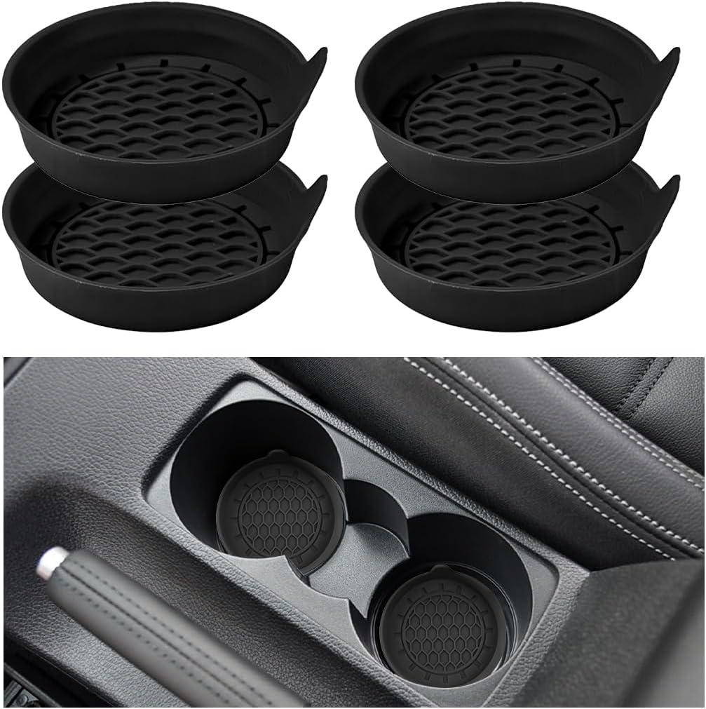 4PCS Car Cup Holder Coasters, Silicone Non-Slip Recessed Automotive Cup Mats, Vehicle Interior Insulation Drink Insert Pads Decor Accessories, Universal for SUV Truck Van (Black)