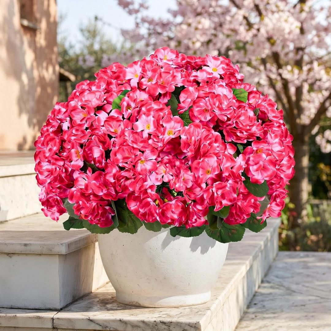 ATTGREAT Artificial Geraniums for Outdoors Faux Plants UV Resistant Flowers Outside Fake Silk Flowers Bulk Realistic Plastic Greenery for Home Porch Planter Patio Decor, 6 Bundles (Rose Red)