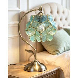 Tiffany Style Flower Table Lamp, Vintage Cherry Blossom Stained Glass Lamp with Brass Base for Bedroom Bedside Home Decor, Vintage Mint (Blue-Green)