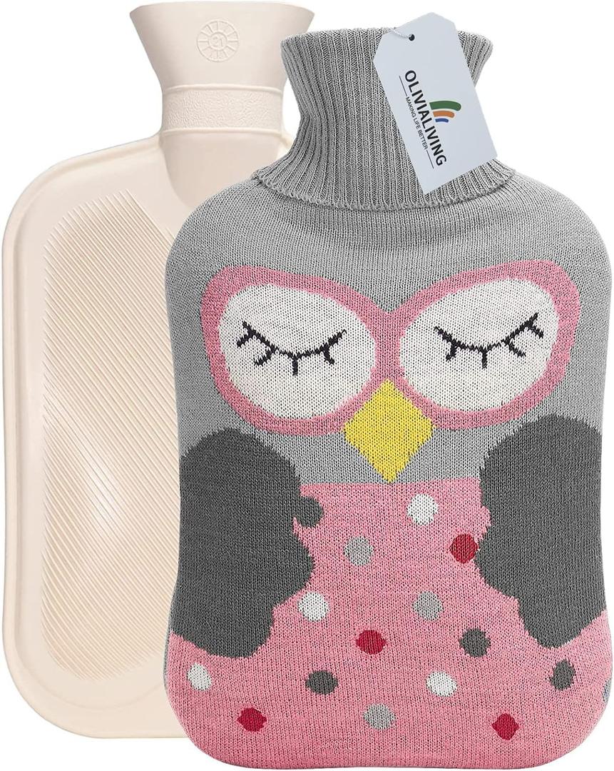 Hot Water Bag Hot Water Bottle 2 Liter Heat Up and Refreezable Hot Cold Pack with Knit Cover for Pain Relief Hot Cold Therapy, Cartoon Owl (Pink)