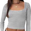 WDIRARA Women's Striped Tee Shirt Ribbed Long Sleeve Slim Fit Crop Tops (S)